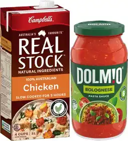 IGA Dolmio Pasta Sauce 490‑500g or Campbell’s Real Stock 1 Litre Selected Varieties offer