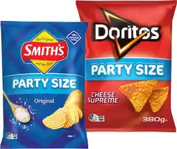 IGA Smith’s Crinkle Cut Chips or Doritos Corn Chips Party Size 380g Selected Varieties offer