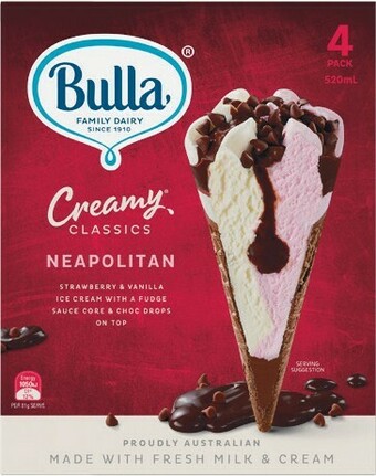 Woolworths Bulla Creamy Classics Cones 520ml Pk 4 offer
