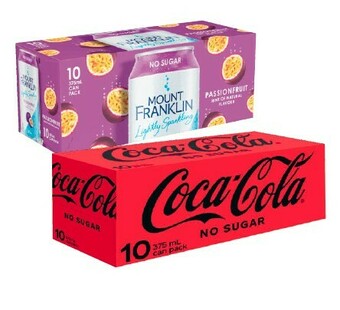 Coles Coca-Cola, Fanta or Sprite Soft Drink or Mount Franklin Lightly Sparkling Water 10x375mL offer