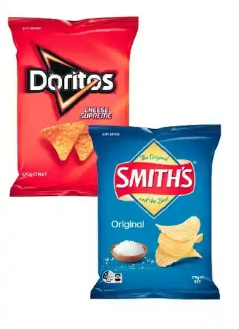 Coles Doritos Corn Chips or Smith’s Crinkle Cut Potato Chips 150g-170g or Grain Waves 170g or Pringles Potato Crisps 119g-134g offer