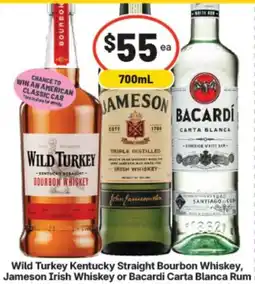 Supa Valu Wild Turkey Kentucky Straight Bourbon Whiskey, Jameson Irish Whiskey or Bacardi Carta Blanca Rum offer