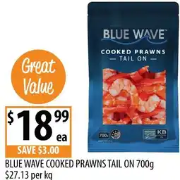 Supabarn Blue wave cooked prawns tail on offer