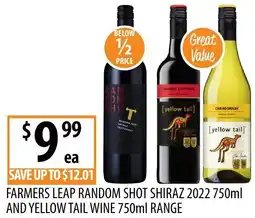 Supabarn Farmers leap random shot shiraz 2022 and yellow tail wine offer