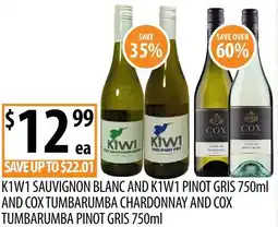 Supabarn K1w1 sauvignon blanc and k1w1 pinot gris and cox tumbarumba chardonnay and cox tumbarumba pinot gris offer