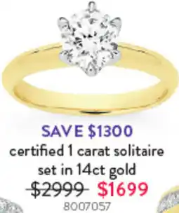 Goldmark Certified 1 carat solitaire set in 14ct gold 8007057 offer