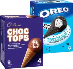 IGA Cadbury Choc Tops or Oreo Cookie Top Ice Cream Cones 4 Pack offer