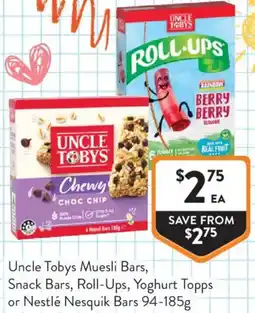 Foodworks Uncle Tobys Muesli Bars, Snack Bars, Roll-Ups, Yoghurt Topps or Nestlé Nesquik Bars offer