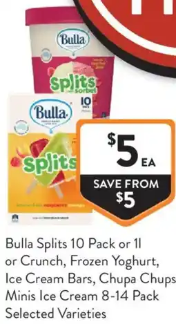 Foodworks Bulla Splits or Crunch, Frozen Yoghurt, Ice Cream Bars, Chupa Chups Minis Ice Cream offer