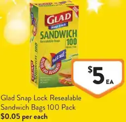 Foodworks Glad Snap Lock Resealable Sandwich Bags offer