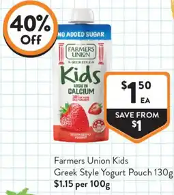 Foodworks Farmers Union Kids Greek Style Yogurt Pouch offer