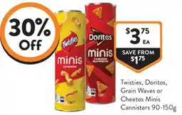 Foodworks Twisties, Doritos, Grain Waves or Cheetos Minis Cannisters offer