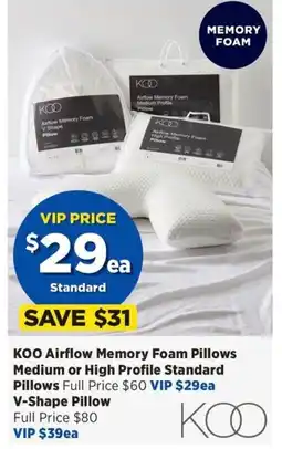 Spotlight Koo airflow memory foam pillows medium or high profile standard pillows offer