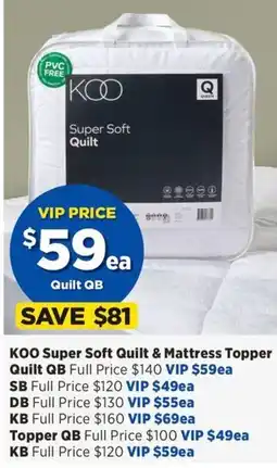 Spotlight Koo super soft quilt & mattress topper quilt qb offer