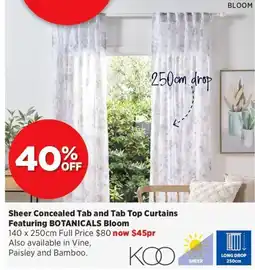 Spotlight Sheer concealed tab and tab top curtains featuring botanicals bloom offer