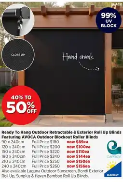 Spotlight Ready to hang outdoor retractable & exterior roll up blinds featuring avoca outdoor blockout roller blinds offer