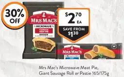 Foodworks Mrs Mac's Microwave Meat Pie, Giant Sausage Roll or Pastie offer