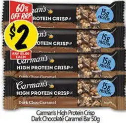 NQR Carman's High Protein Crisp Dark Chocolate Caramel Bar 50g offer