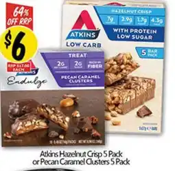 NQR Atkins Hazelnut Crisp 5 Pack or Pecan Caramel Clusters 5 Pack offer