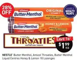 Chemist King NESTLE Butter Menthol, Anticol Throaties, Butter Menthol Liquid Centres Honey & Lemon 10 Lozenges offer