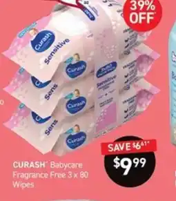 Chemist King CURASH Babycare Fragrance Free 3 x 80 Wipes offer