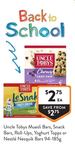 Foodworks Uncle Tobys Muesli Bars Snack Bars Roll Ups Yoghurt Topps or Nestlé Nesquik Bars offer