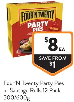Foodworks Four N Twenty Party Pies or Sausage Rolls offer
