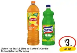 IGA Lipton Ice Tea 1.5 Litre or Cottee's Cordial offer