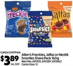 C-Store Distribution Allen's Freckles, Jaffas or Nestlé Smarties Share Pack offer