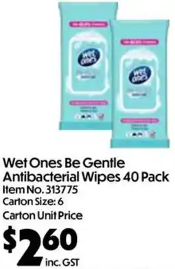 C-Store Distribution Wet Ones Be Gentle Antibacterial Wipes 40 Pack offer