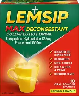 IGA Lemsip Max Cold & Flu Decongestant Hot Drink Lemon Sachets offer