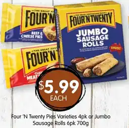 Spudshed Four 'N Twenty Pies Varieties or Jumbo Sausage Rolls offer