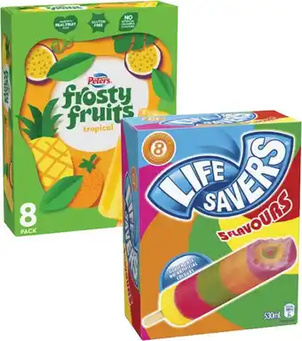 Coles Peters Frosty Fruits Sticks or Lifesavers Icy Poles 6 Pack-8 Pack 420mL-600mL offer