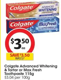 Coles Colgate Advanced Whitening & Tartar or Max Fresh Toothpaste offer