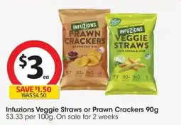 Coles Infuzions Veggie Straws or Prawn Crackers offer