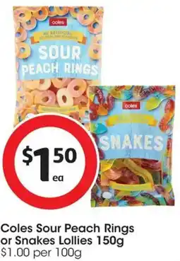 Coles Coles Sour Peach Rings or Snakes Lollies offer