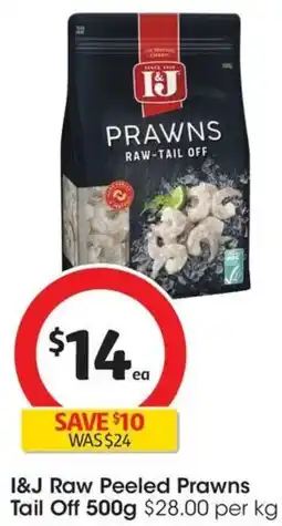 Coles I&J Raw Peeled Prawns Tail Off offer
