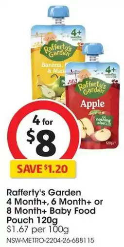 Coles Rafferty's Garden 4 Month+, 6 Month+ or 8 Month+ Baby Food Pouch offer