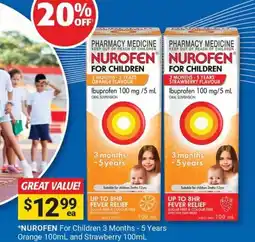 Cincotta Chemist Nurofen for children 3 months - 5 years orange 100ml and strawberry 100ml offer