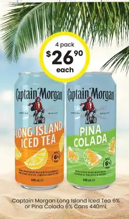 The Bottle O Captain Morgan Long Island Iced Tea 6% or Pina Colada 6% Cans offer