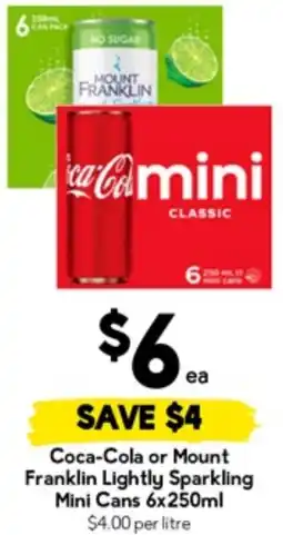 Drakes Coca-Cola or Mount Franklin Lightly Sparkling Mini Cans offer
