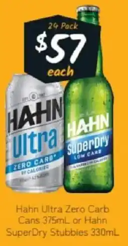 Cellarbrations Hahn Ultra Zero Carb Cans or Hahn SuperDry Stubbies offer