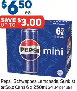 Foodland Pepsi, Schweppes Lemonade, Sunkist or Solo Cans offer