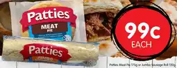 Spudshed Patties Meat Pie or Jumbo Sausage Roll offer