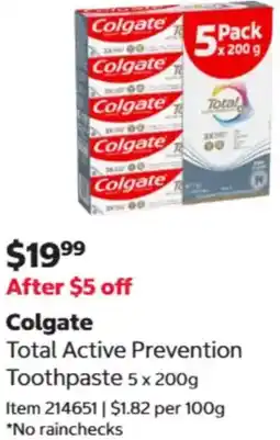 Costco Colgate Total Active Prevention Toothpaste offer