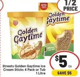IGA Streets Golden Gaytime Ice Cream Sticks 4 Pack or Tub offer
