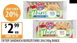 Supabarn Tip top sandwich/burger thins range offer