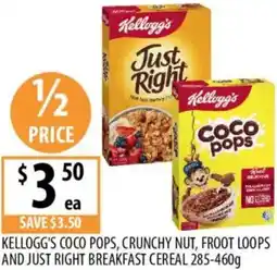 Supabarn Kellogg's coco pops, crunchy nut, froot loops and just right breakfast cereal offer