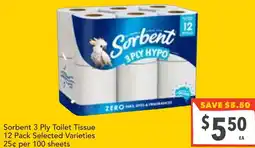 Supa Valu Sorbent 3 Ply Toilet Tissue offer