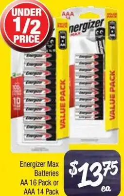 Farmer Jack's Energizer max batteries aa 16 pack or aaa 14 pack offer